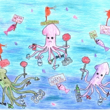 Artwork of a school of squid holding stop signs and marine debris.
