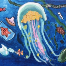 A painting of a jellyfish floating amid seaweed and trash items, while a red sea star with a sad face is trapped inside a jar, artwork by AnTian Z. (Grade 3, Maryland), winner of the Annual NOAA Marine Debris Program Art Contest. 