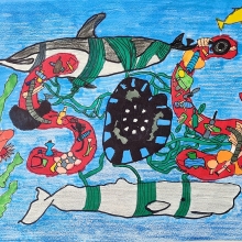 Artwork of the letters "SOS" made out of marine debris, surrounded by two entangled whales.