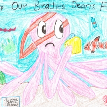 Artwork of a sad octopus holding a discarded container with the message "Keep Our Beaches Debris Free!".