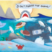 Artwork of a shark rising out of water saying "Don't pollute the oceans!" with the sea beneath half full of debris and half of healthy creatures.