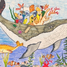 Artwork of a bandaged whale with a pile of debris and coral on its back. 