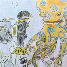 A diver with a bag labeled "Trash" cuts a six-pack ring off of an octopus, artwork by Arianna B. (Grade 4, Maine), winner of the NOAA Marine Debris Program Art Contest.