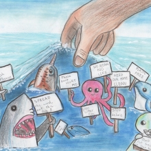 A colored pencil drawing of a hand reaching into the ocean amid sea creatures holding signs with "no littering" messages on them, artwork by Anika A. (Grade 4, Washington), winner of the Annual NOAA Marine Debris Program Art Contest. 