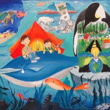 An abstract scene of animals struggling with the impacts of marine debris, artwork by Luca L. (Grade 4, Washington), winner of the NOAA Marine Debris Program Art Contest.