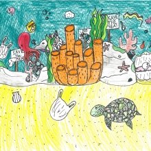 Artwork of a coral reef scene with debris and sea creatures holding signs that read "Save the Sea!". 