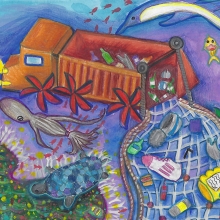 Artwork of an underwater dump truck collecting marine debris.