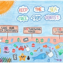 Artwork of a beach covered in debris with signs reading "Save our sea creatures," "No throwing trash," and "No littering" underneath the text "Keep the sea free from debris!".