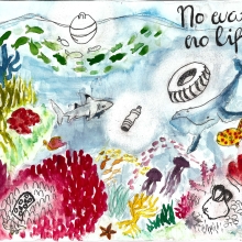 A vibrant watercolor painting of an undersea scene with debris items scattered around, and the area around each debris item is white and colorless, with text in the corner that reads "No water, no life," artwork by Lola K. (Grade 5, Hawai'i), winner of the Annual NOAA Marine Debris Program Art Contest. 