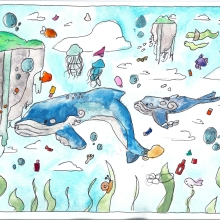 A painting of two whales swimming through water amid islands, with trash scattered around, artwork by a fifth-grade student in New Mexico, winner of the Annual NOAA Marine Debris Program Art Contest. 