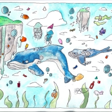 A painting of two whales swimming through water amid islands, with trash scattered around, artwork by Aspen B. (Grade 5, New Mexico), winner of the Annual NOAA Marine Debris Program Art Contest. 