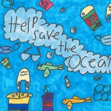 Artwork of an underwater scene with coffee cups, masks, and other debris around text reading "Help Save the Ocean". 