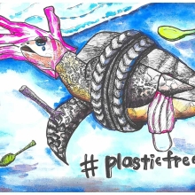 Artwork of a sea turtle trapped in a tire and plastic glove, with text reading "#Plasticfree".