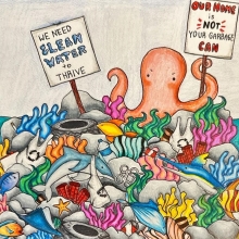 A drawing of a coral reef full of sea creatures and trash, with an octopus at the top holding two signs reading "We need clean water to thrive" and "Our home is not your garbage can," artwork by Sahini K. (Grade 6, Florida), winner of the Annual NOAA Marine Debris Program Art Contest. 