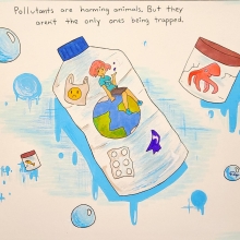 Artwork of a child sitting atop a globe inside a water bottle filled with marine debris, underneath text reading "Pollutants are harming animals. But they aren't the only ones being trapped".