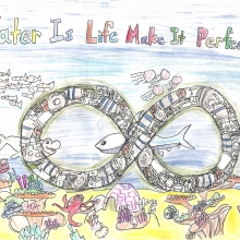 Artwork of an infinity symbol filled with images of debris over an undersea scene, with text reading "Water Is Life Make It Perfect".
