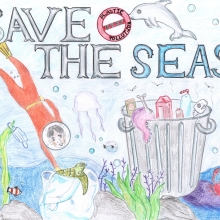 A diver frees a turtle from a plastic bag beside a trash can full of debris items, under text reading "Save the Seas," artwork by Jaemyn L. (Grade 6, Pennsylvania), winner of the NOAA Marine Debris Program Art Contest.