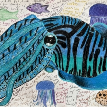 A blue cuttlefish surrounded by other sea creatures and text reflecting the negative impacts of debris on the ocean, artwork by Heidi K. (Grade 6, Virginia), winner of the NOAA Marine Debris Program Art Contest.
