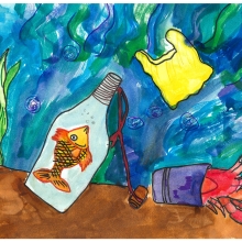 A drawing of the sea floor with a plastic bag floating by, a fish trapped in a bottle, and a hermit crab using a purple cup as a shell, artwork by Jerilyn L. (Grade 7, Connecticut), winner of the Annual NOAA Marine Debris Program Art Contest. 