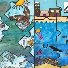 Artwork of two halves of a puzzle, one depicting clean seas and one with seas impacted by marine debris. 