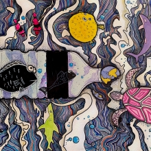 Artwork of A plastic bottle with fish trapped inside, surrounded by concerned sea creatures.