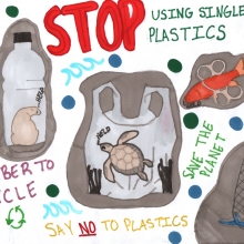 Images of animals amid debris items under text reading "STOP using single use plastics," artwork by Norah D. (Grade 7, Rhode Island), winner of the NOAA Marine Debris Program Art Contest.