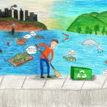 Artwork of a person conducting a cleanup, with happy sea creatures and debris-impacted creatures behind. 