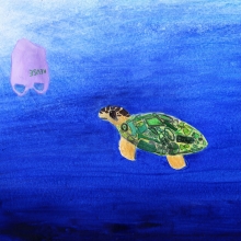A sea turtle with a collage of debris items in its shell looks at a floating plastic bag in the ocean, artwork by Clara G. (Grade 8, California), winner of the NOAA Marine Debris Program Art Contest.