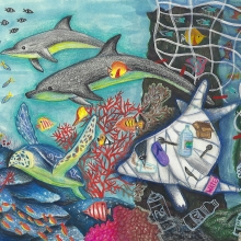 Artwork of creatures swimming through a coral reef away from a derelict net, accompanied by a dolphin filled with marine debris.