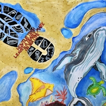 A painting of the beach and ocean, with a whale and other sea creatures swimming through the water, while a large shoe print full of debris items sits on the beach, with text reading "How our trash leaves a deadly mark on sea life," artwork by Juhwan H. (Grade 8, Commonwealth of the Northern Mariana Islands), winner of the Annual NOAA Marine Debris Program Art Contest.