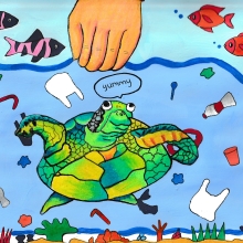 A painting of a hand reaching into the water, where a sea turtle swims amid trash items, with a speech bubble reading "yummy," artwork by Anwesha J. (Grade 8, Florida), winner of the Annual NOAA Marine Debris Program Art Contest.