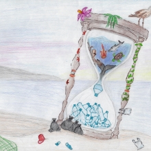 Artwork of an hourglass with sea creatures in the top half, becoming plastic bottles in the bottom half.