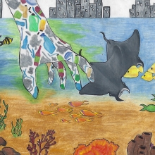 Artwork of a hand made out of marine debris reaches into the ocean from a cityscape, disturbing the fish and manta rays.