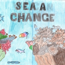 An image of a clean, vibrant coral reef on one side and a brown, debris-covered coral reef on the other beneath text reading "Sea a Change," artwork by Magdalene F. (Grade 8, Florida), winner of the NOAA Marine Debris Program Art Contest.