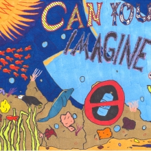 A painting of an underwater scene with lots of sea creatures and one plastic bottle in a "No" sign, with text reading "Can you imagine?", artwork by Ariana B. (Grade 8, Georgia), winner of the Annual NOAA Marine Debris Program Art Contest. 