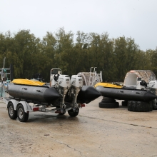 The two 17' inflatable Zodiac MKIV work boats used to remove marine debris from the shorelines of the Northwestern Hawaiian Islands.