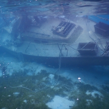 A sunken vessel is viewed underwater and is located in the U.S. Virgin Islands.