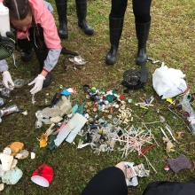 People organize marine debris into piles on the grass.