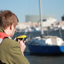 A South Carolina Sea Grant technician takes a GPS point on an ADV. 