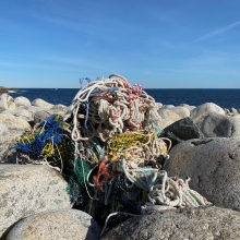 A pile of derelict fishing gear on a rocky shore.