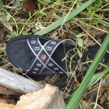 Rubber flip-flop sandal found on the beach at Hogg Island, Blue Fox Bay, Afognak, AK.