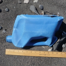 Blue plastic jug found on a beach in Hallo Bay, AK.