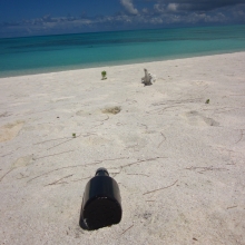 Glass beverage bottle found on the beach on Midway Atoll, in the Northwestern Hawaiian Islands.