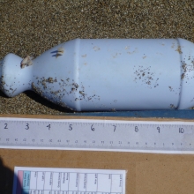 Plastic container found on South Beach in Point Reyes National Seashore, CA.