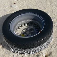 Car tire with barnacles found on Midway Atoll, in the Northwestern Hawaiian Islands. Though the metal rim is still attached, the predominant material is rubber and it is classified as 'tire'.