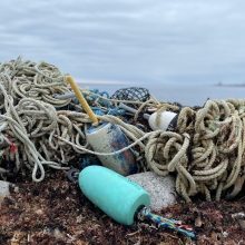 A pile of old rope and fishing gear on a shore.