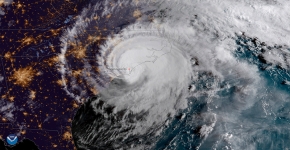 Satellite view of a hurricane making landfall on the North Carolina coast.