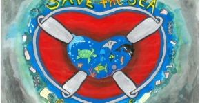 Student artwork of a heart-shaped buoy with text reading Save the Sea from Debris.