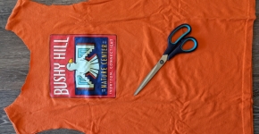 A repurposed t shirt and pair of scissors.
