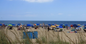 A beach filled with people and umbrellas located in Delaware.
